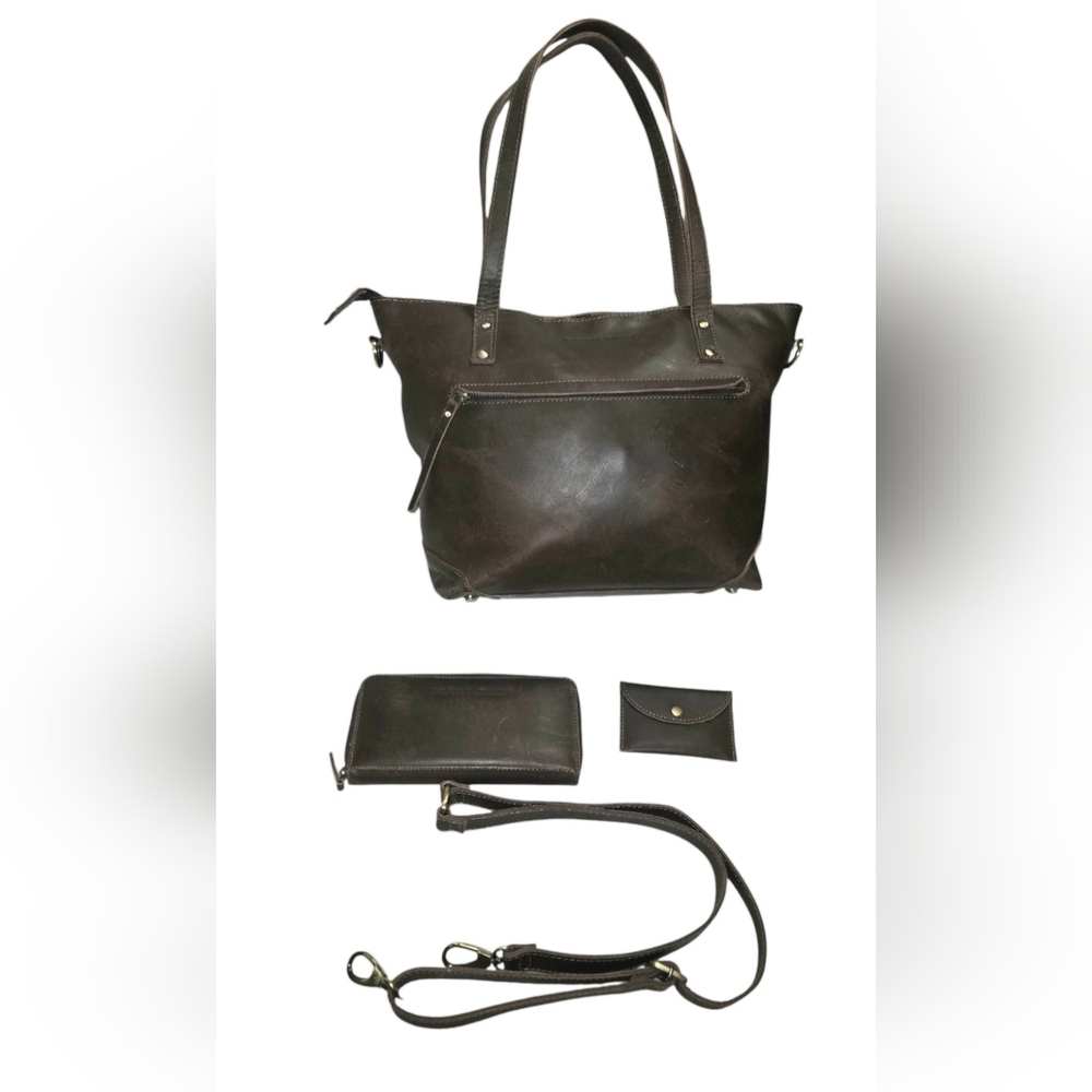 EUC Leather Tote Purse w/ matching wallet & change purse & adj shoulder strap. - Picture 2 of 16